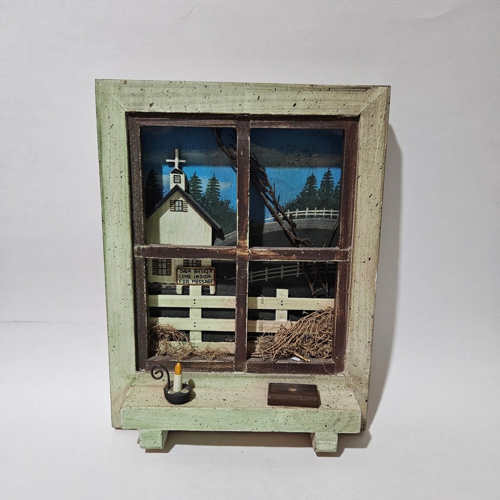 Primitive Wooden Shadow Box Window Church Scene Country Farmhouse Wall Decor 9in